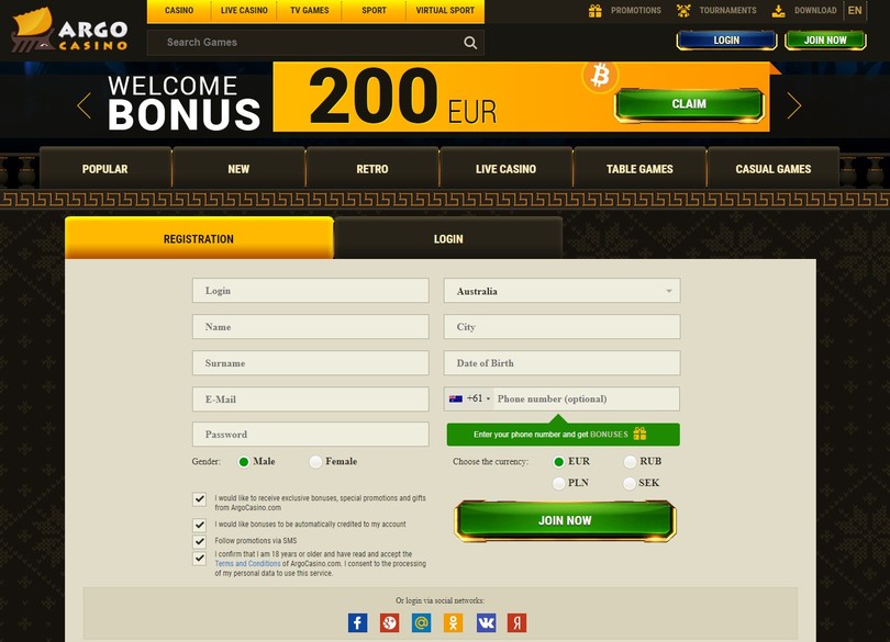 registration argo casino online